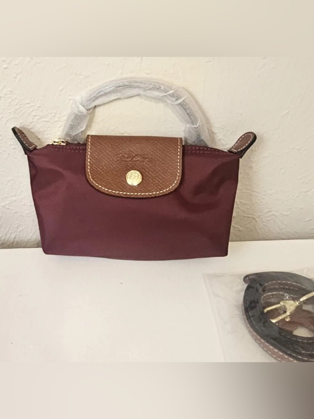 Longchamp Small Nylon Top-Handle Bag in Burgundy with Brown Leather Trim